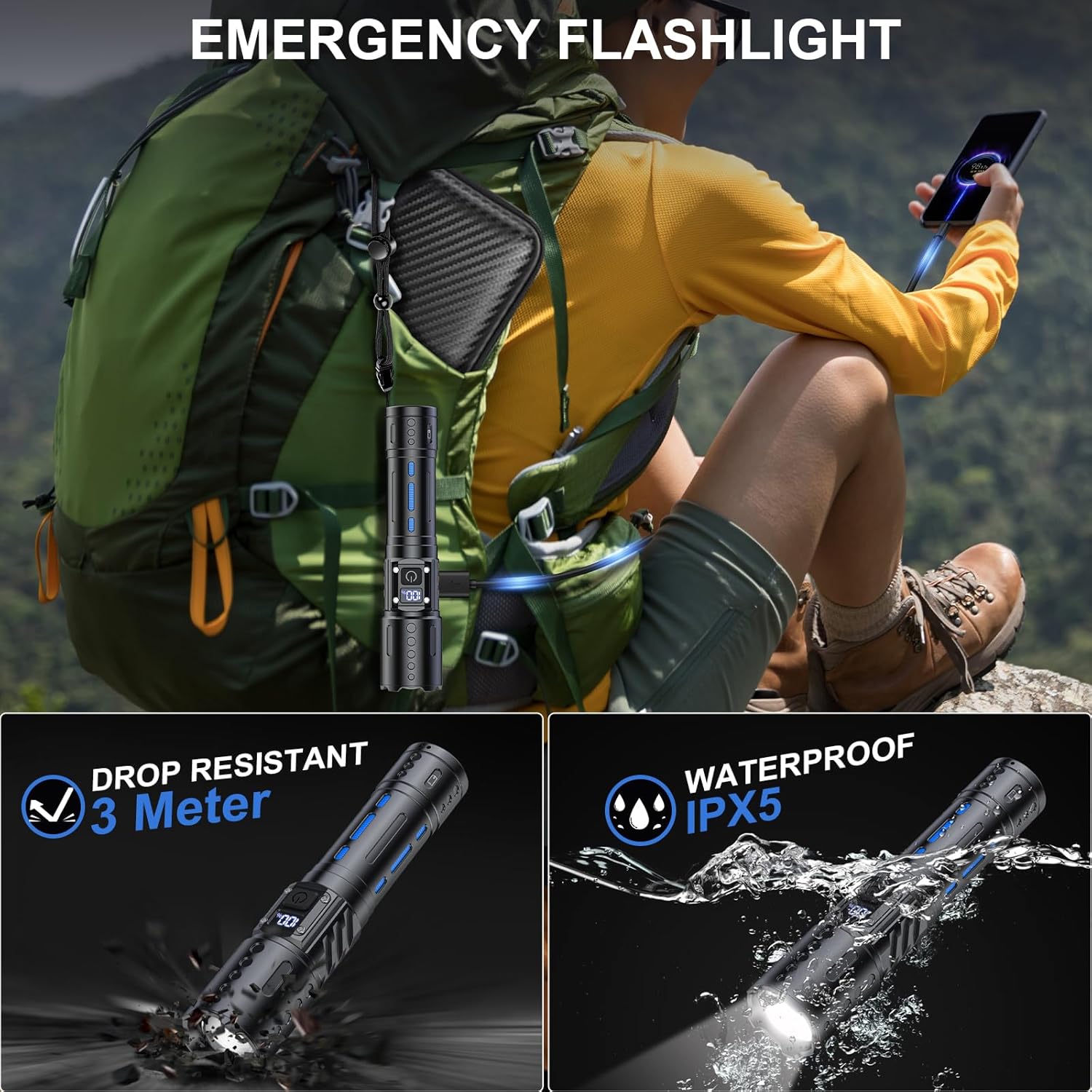 100.000 Lumen Wiederaufladbare LED Taschenlampe | Wasserdicht, Stoßfest & Ideal zum Wandern, für Notfälle & Stromausfälle