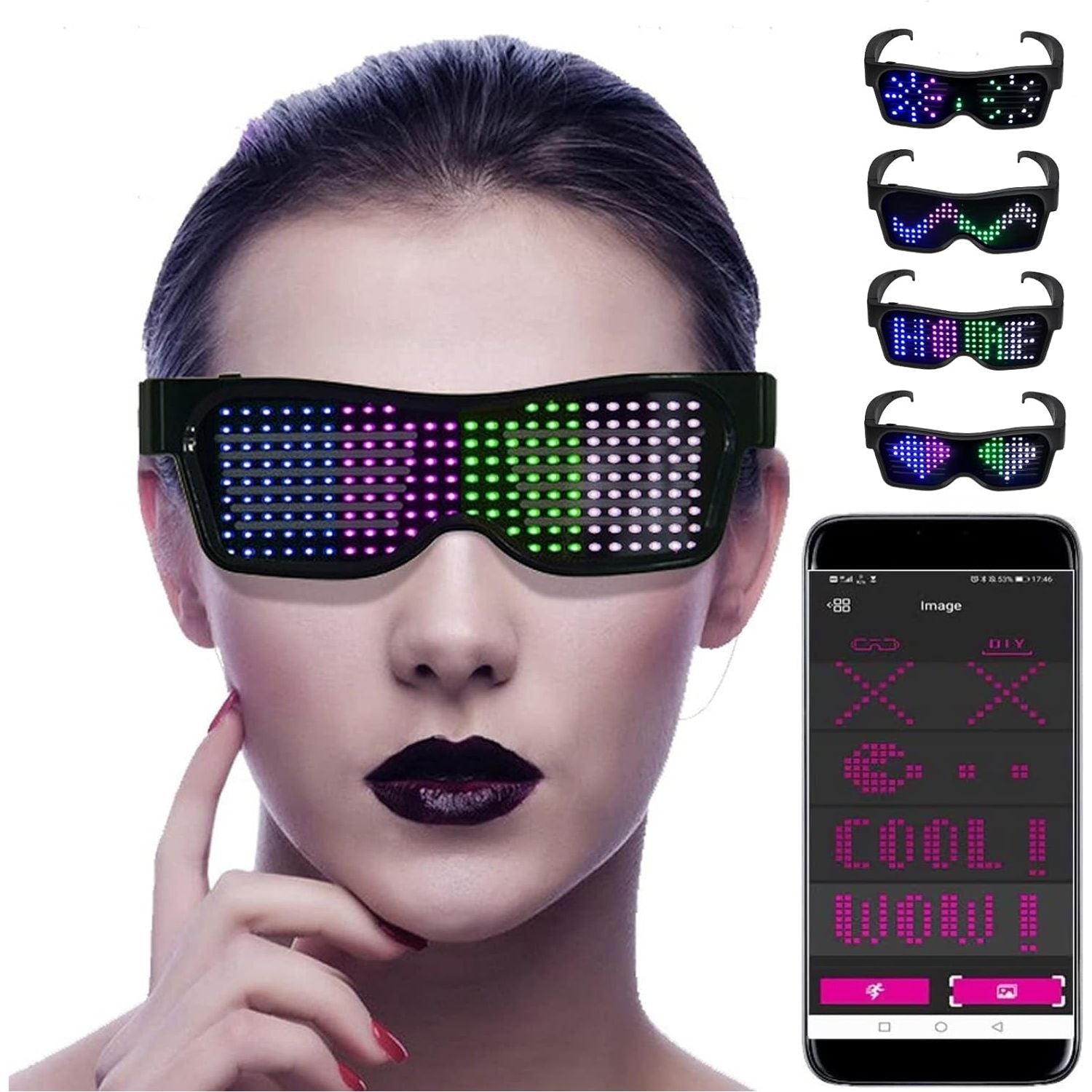 Programmierbare LED-Brille – Verwandeln Sie jede Party in ein Lichtspektakel – App-steuerbar – vollständig anpassbar – ideal für Partys – 32 Animationen, 11 Bilder – lange Akkulaufzeit und wiederaufladbar über USB – komfortabel – langlebig – Schwarz