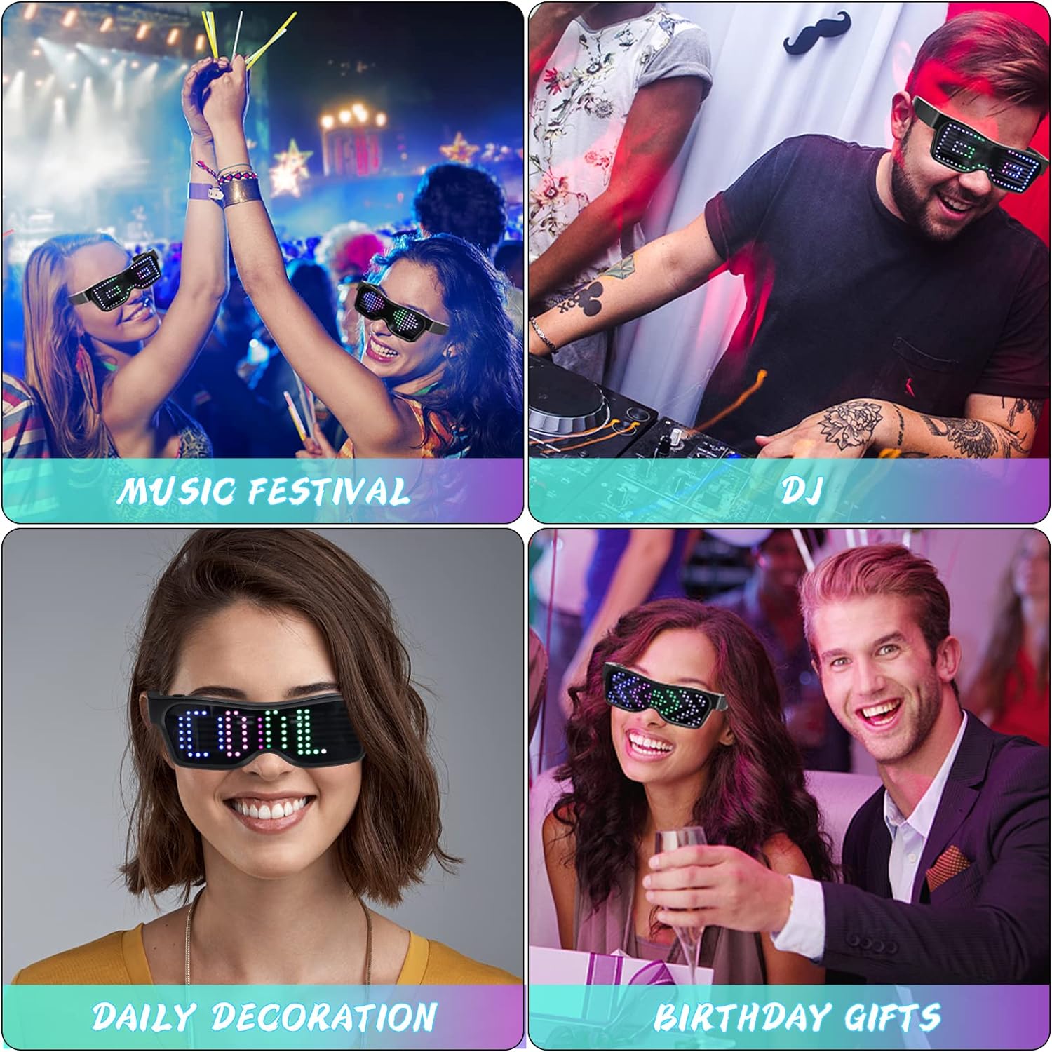 Programmierbare LED-Brille – Verwandeln Sie jede Party in ein Lichtspektakel – App-steuerbar – vollständig anpassbar – ideal für Partys – 32 Animationen, 11 Bilder – lange Akkulaufzeit und wiederaufladbar über USB – komfortabel – langlebig – Schwarz