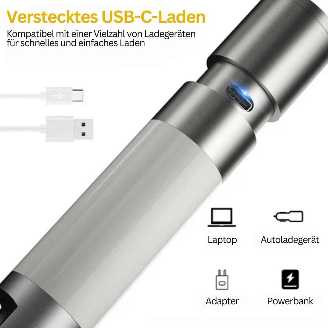 LED Taschenlampe, 1000 Lumen, 4 Modi, USB-C