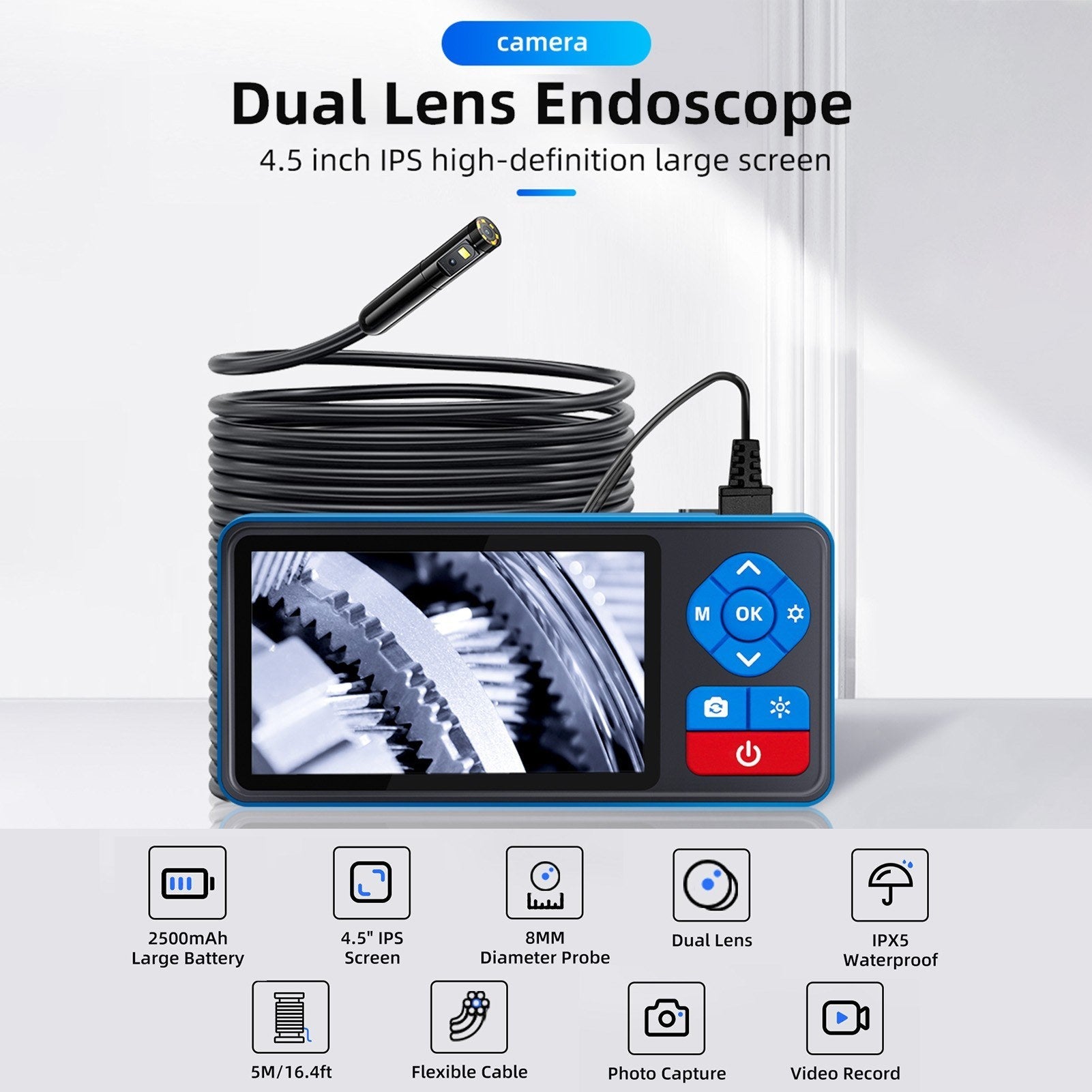 720P Dual Lens Endoskopkamera mit 4,5 Zoll IPS-Bildschirm, 16,4 Fuß wasserdichter Sonde, einstellbare Helligkeit