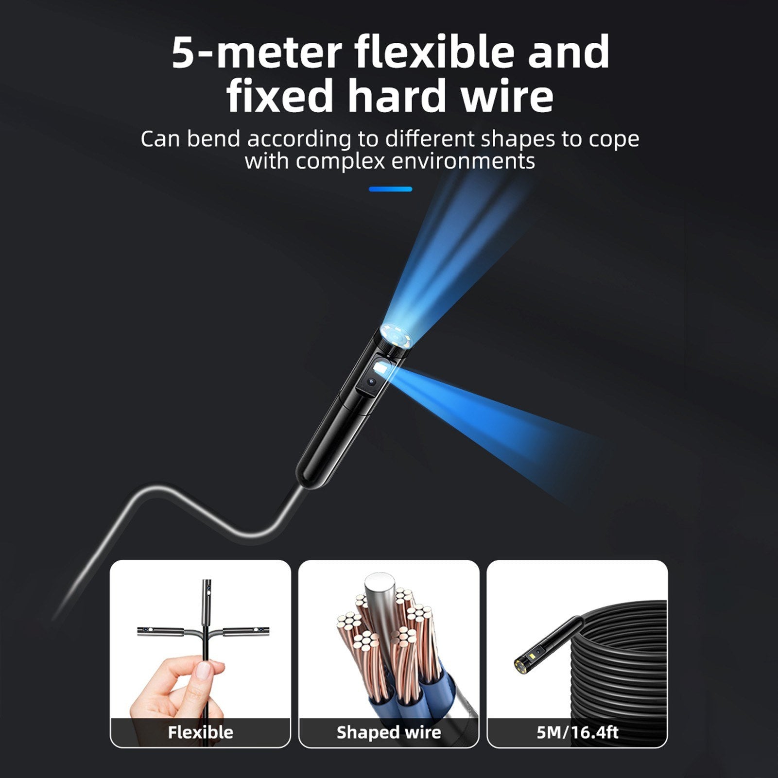 720P Dual Lens Endoskopkamera mit 4,5 Zoll IPS-Bildschirm, 16,4 Fuß wasserdichter Sonde, einstellbare Helligkeit