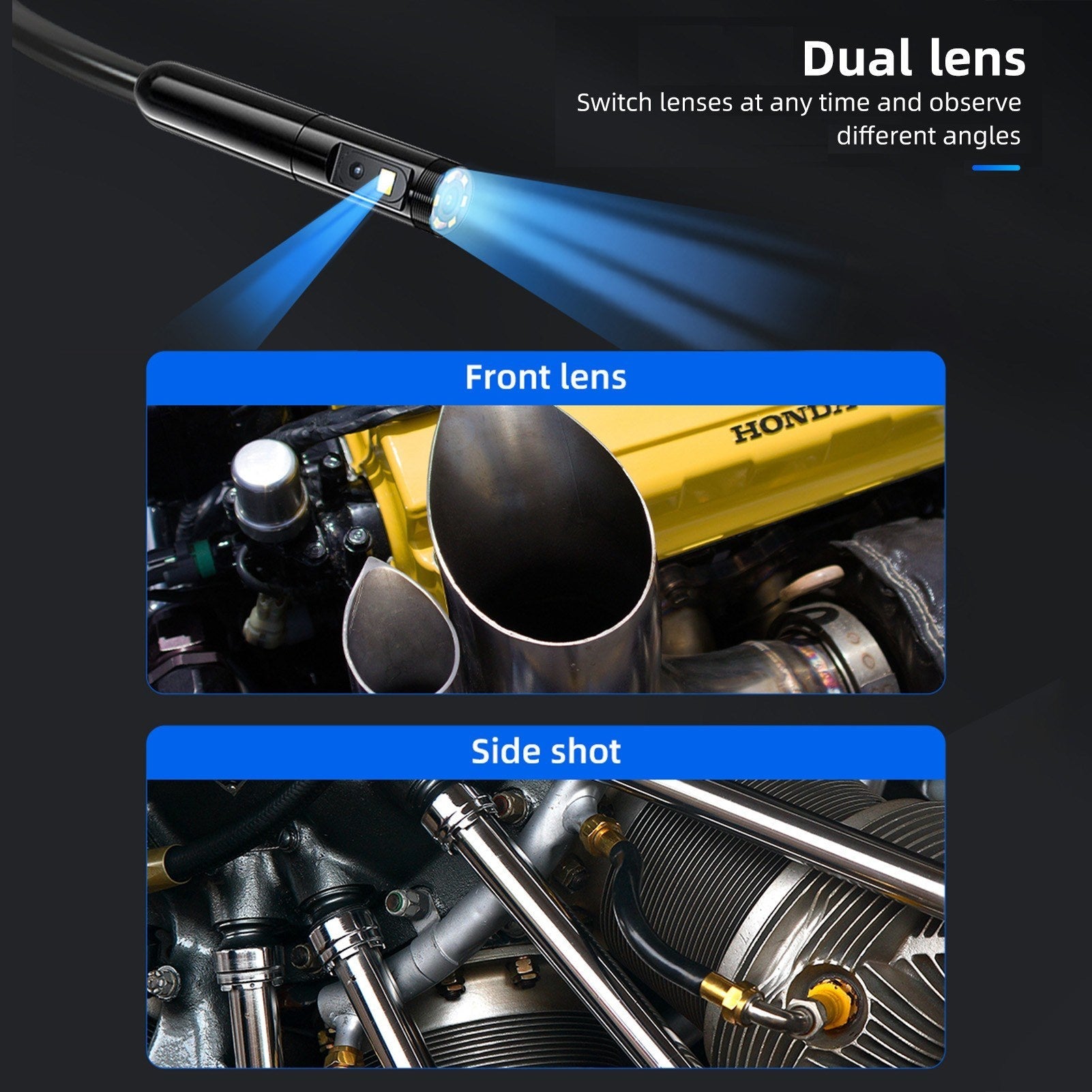 720P Dual Lens Endoskopkamera mit 4,5 Zoll IPS-Bildschirm, 16,4 Fuß wasserdichter Sonde, einstellbare Helligkeit