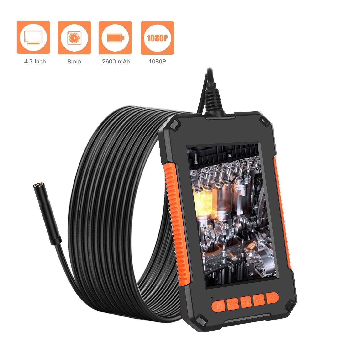 1080P HD 4.3 Zoll LCD Handheld-Endoskop, IP67 wasserdicht, 8mm Kamera mit 8 LEDs (5M weichem Kabel)