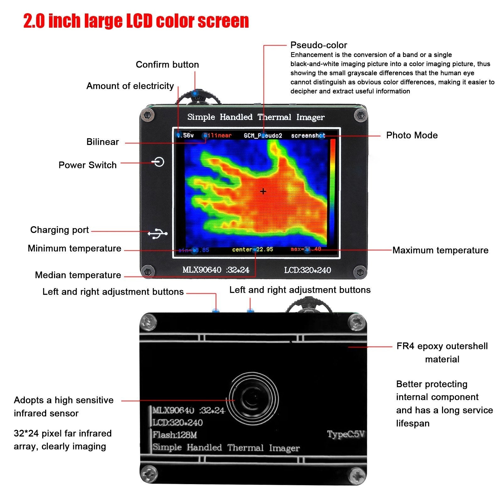 Handheld-Wärmebildkamera: 24x32 Pixel Infrarotsensor, 240x320 Auflösung, 2,0-Zoll LCD, -40℃ bis 300℃
