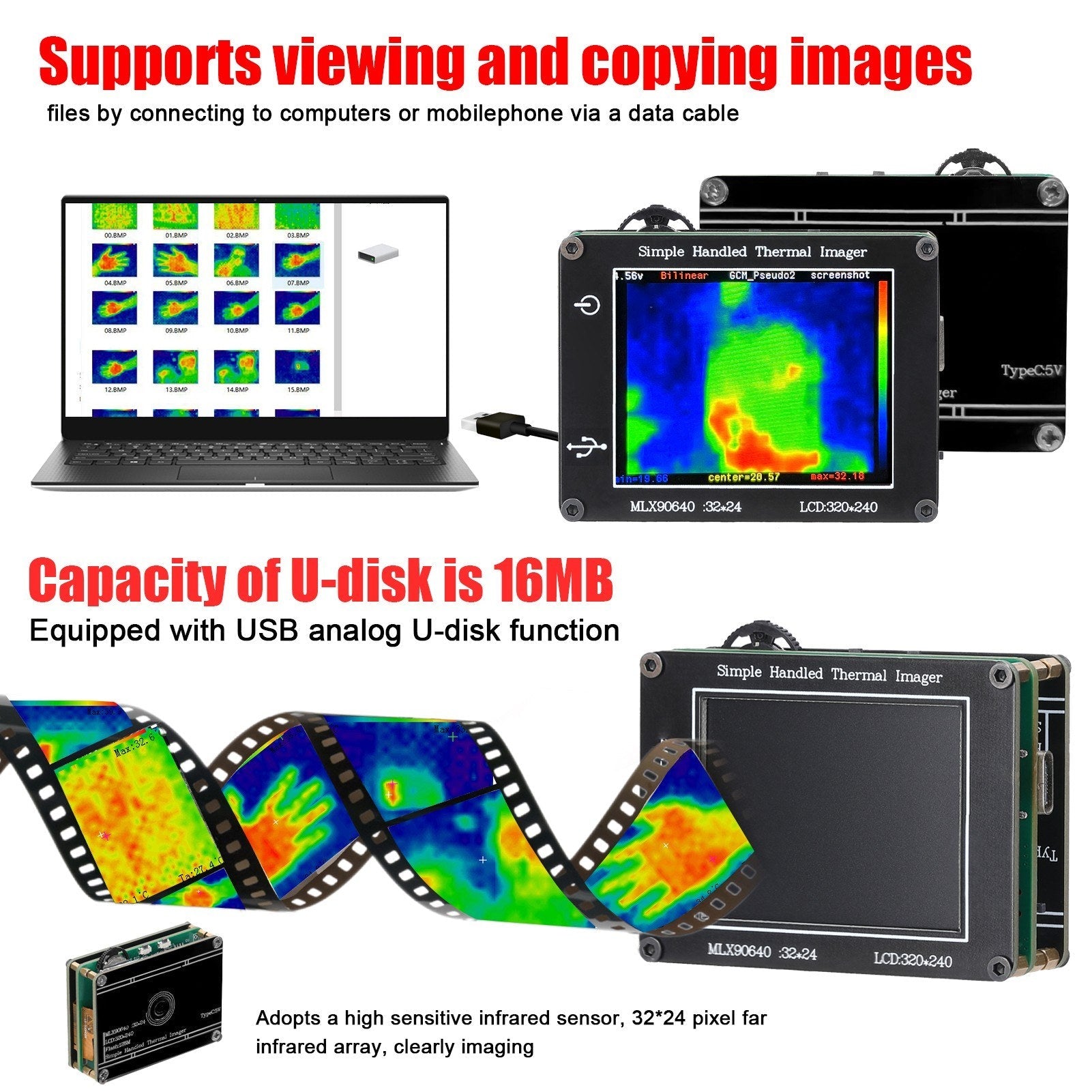 Handheld-Wärmebildkamera: 24x32 Pixel Infrarotsensor, 240x320 Auflösung, 2,0-Zoll LCD, -40℃ bis 300℃