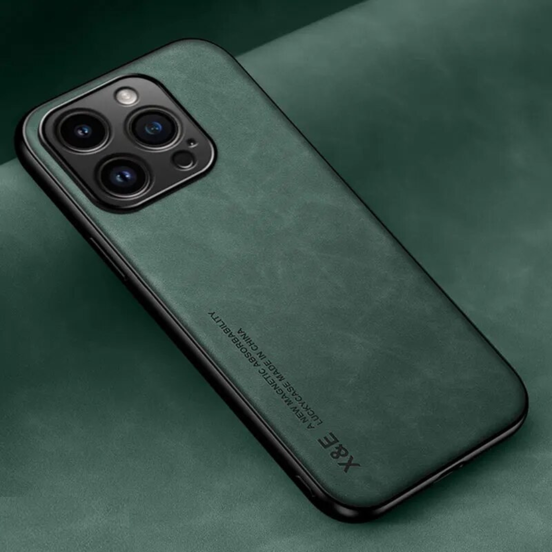 Leder Premium MagSafe Apple iPhone Hülle mit galvanisiertem Rahmen | Goldener Rahmen Case, Kameraschutz - Schutzhülle für iPhone 15, 14 Pro Max Plus