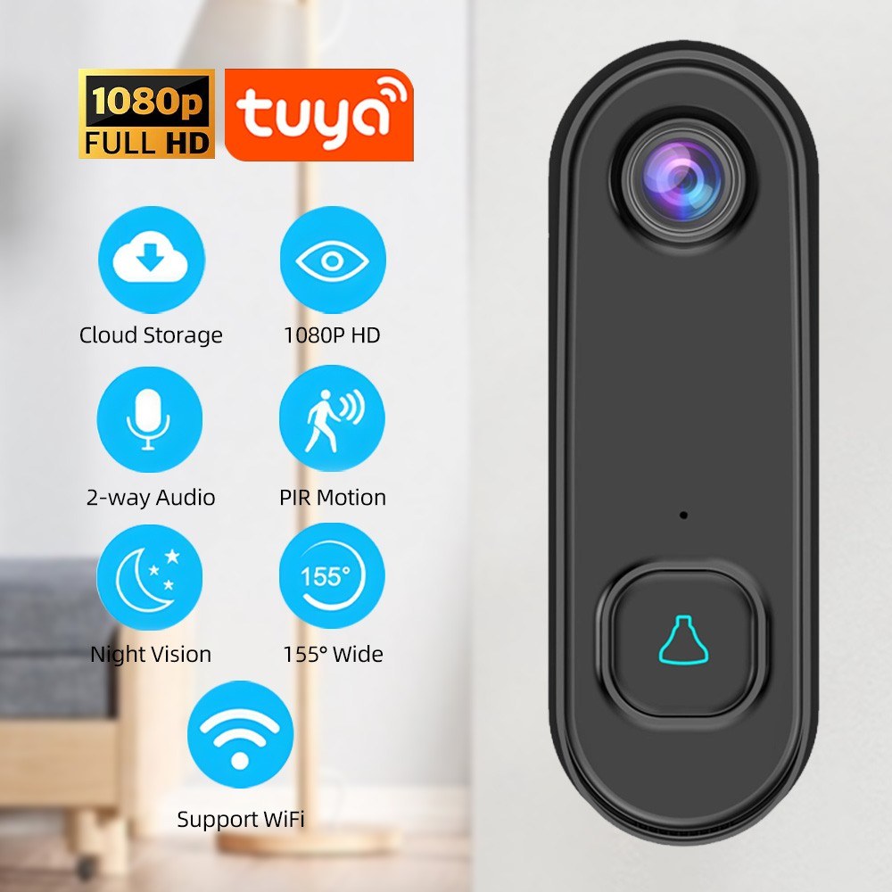 1080P HD Wireless Video-Türglocke mit Zwei-Wege-Audio, PIR-Bewegungserkennung, Nachtsicht, IP55 wetterfest, 2.4GHz WiFi, batteriebetrieben, Tuya-App-Steuerung - intelligente Türglocke Kamera