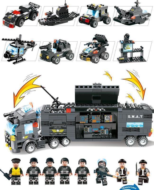 8 IN 1 Stadt Polizei Truck Station Baukasten Serie SWAT Spielzeug Geschenk Für Kinder