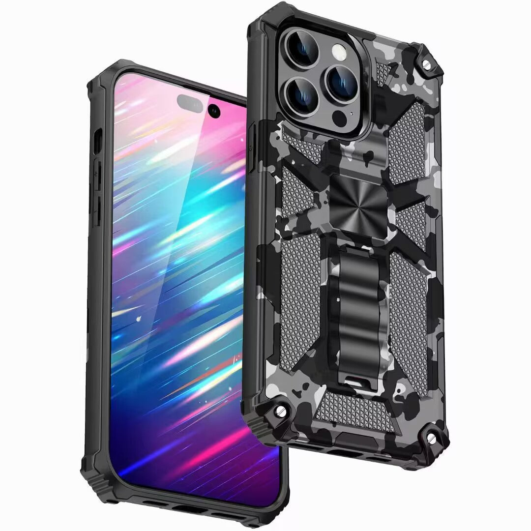 Hochwertige Hybrid-Militärpanzerung iPhone-Hülle MagSafe Case für Apple iPhone 15/14/13/12 Pro Max Plus mit eingebautem Ständer, Tarnung-Cover, Kamera-Rundumschutz und Bildschirmschutz Handyhülle