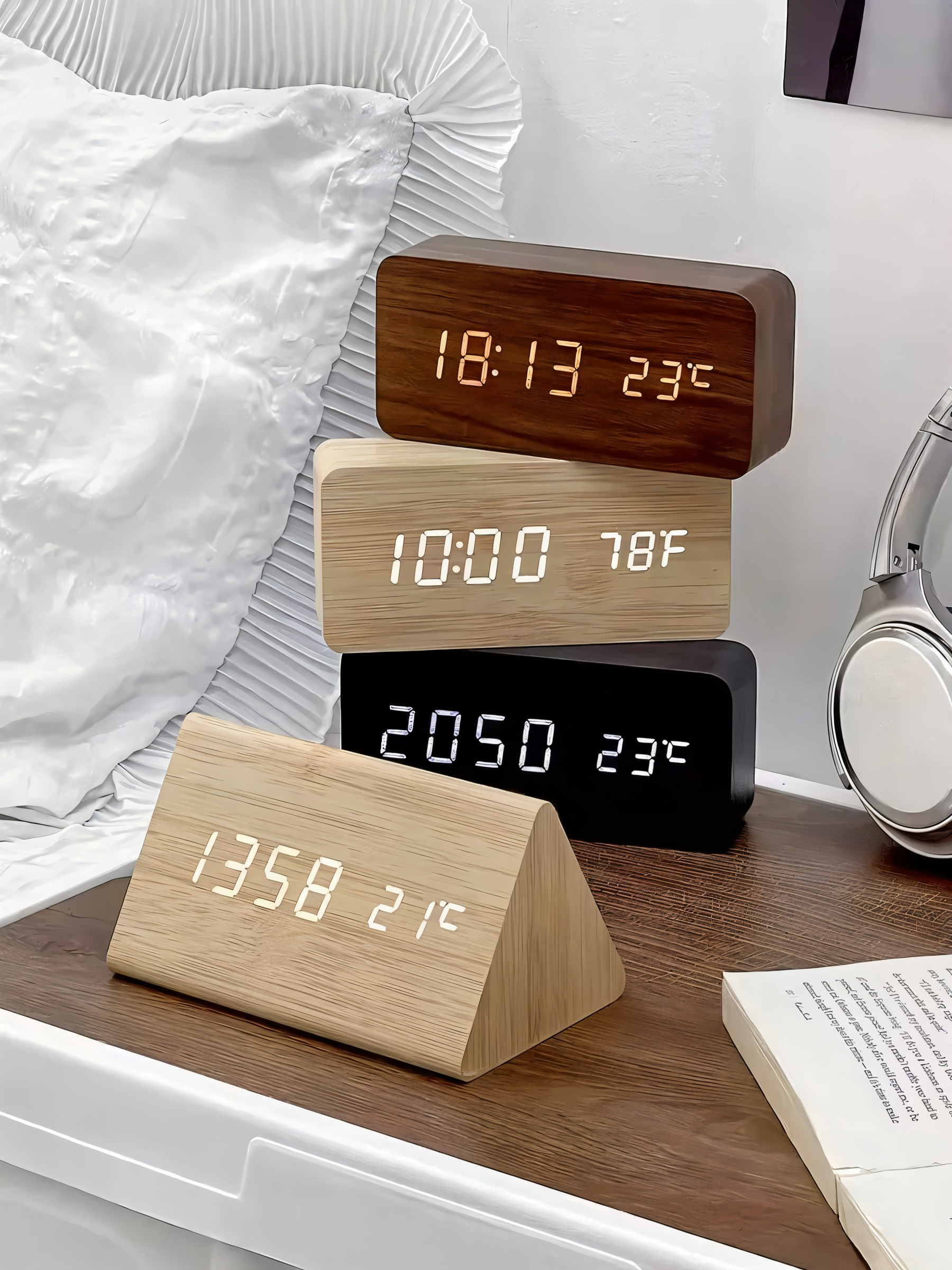 WakeyCue | Moderner Holz-LED-Digitalwecker mit Temperatur- und Feuchtigkeitsanzeige