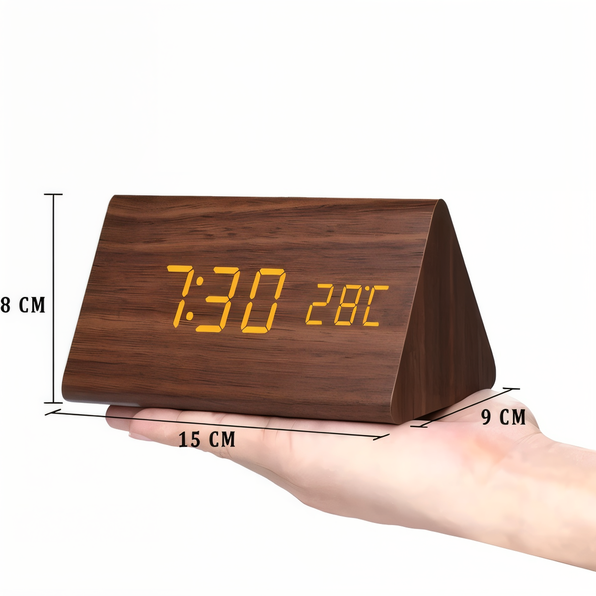 WakeyCue | Moderner Holz-LED-Digitalwecker mit Temperatur- und Feuchtigkeitsanzeige