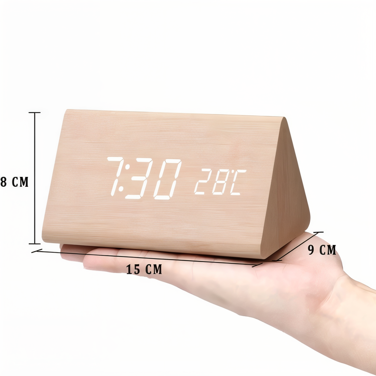WakeyCue | Moderner Holz-LED-Digitalwecker mit Temperatur- und Feuchtigkeitsanzeige