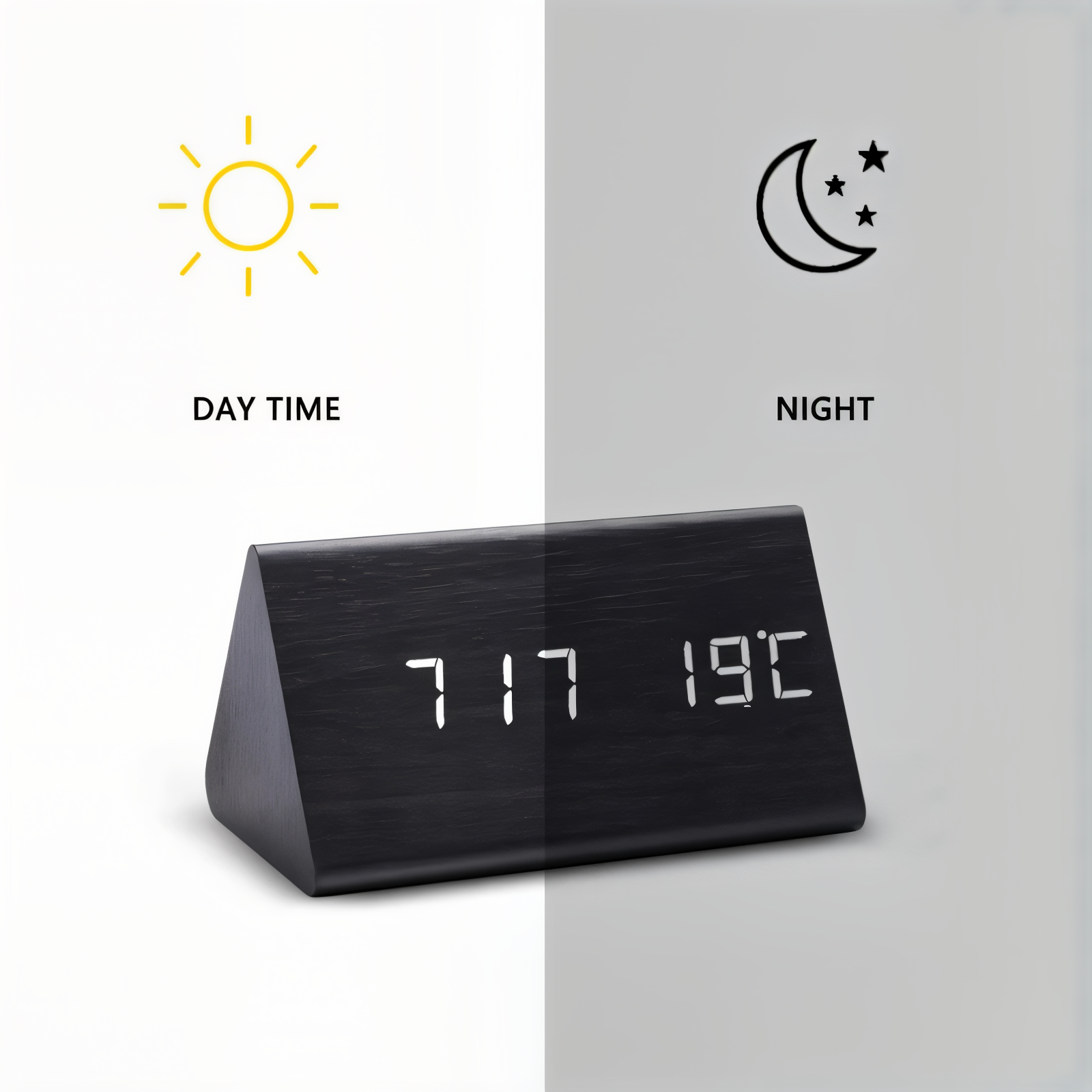 WakeyCue | Moderner Holz-LED-Digitalwecker mit Temperatur- und Feuchtigkeitsanzeige