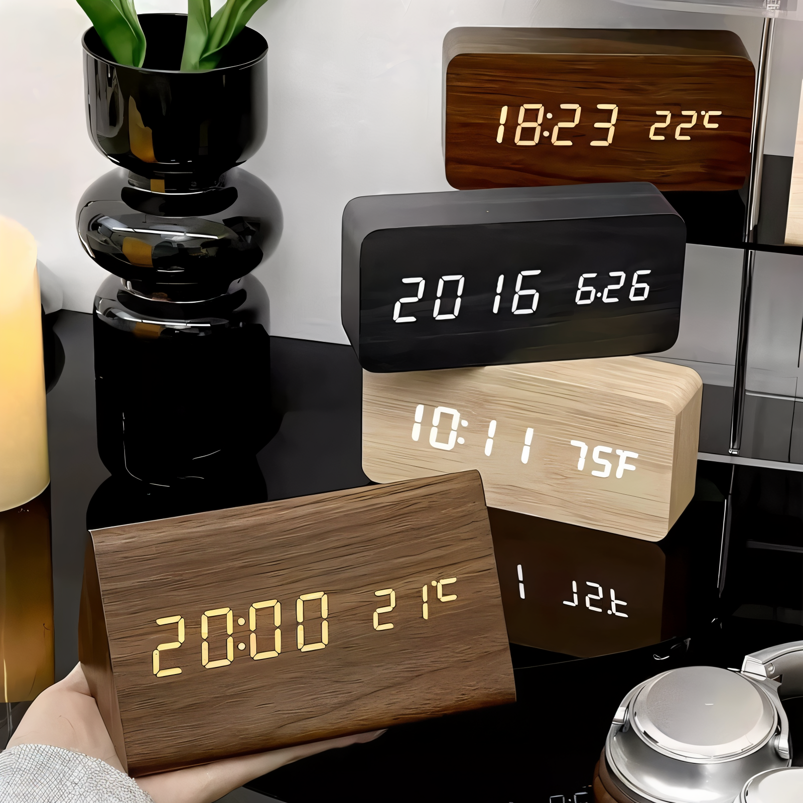 WakeyCue | Moderner Holz-LED-Digitalwecker mit Temperatur- und Feuchtigkeitsanzeige