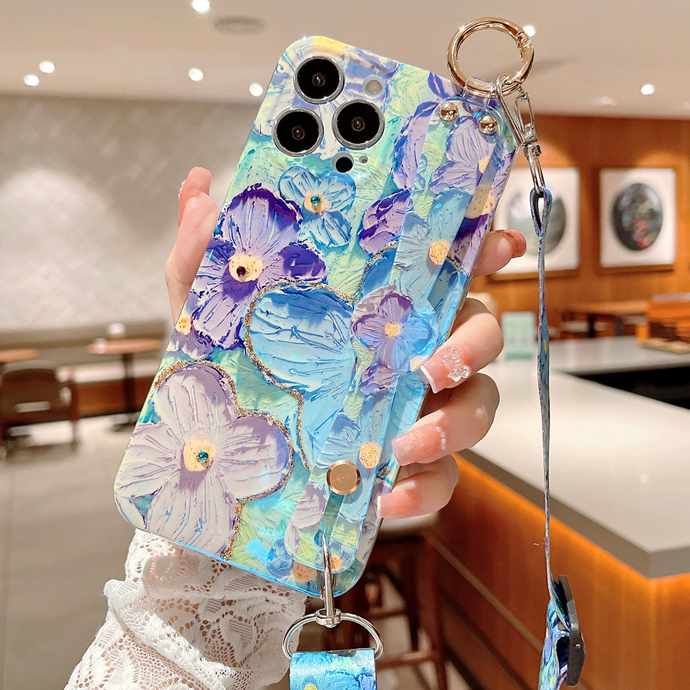 Lila Ölbild Blumen Armbanduhr Halter mit Umhängeband iPhone Hülle