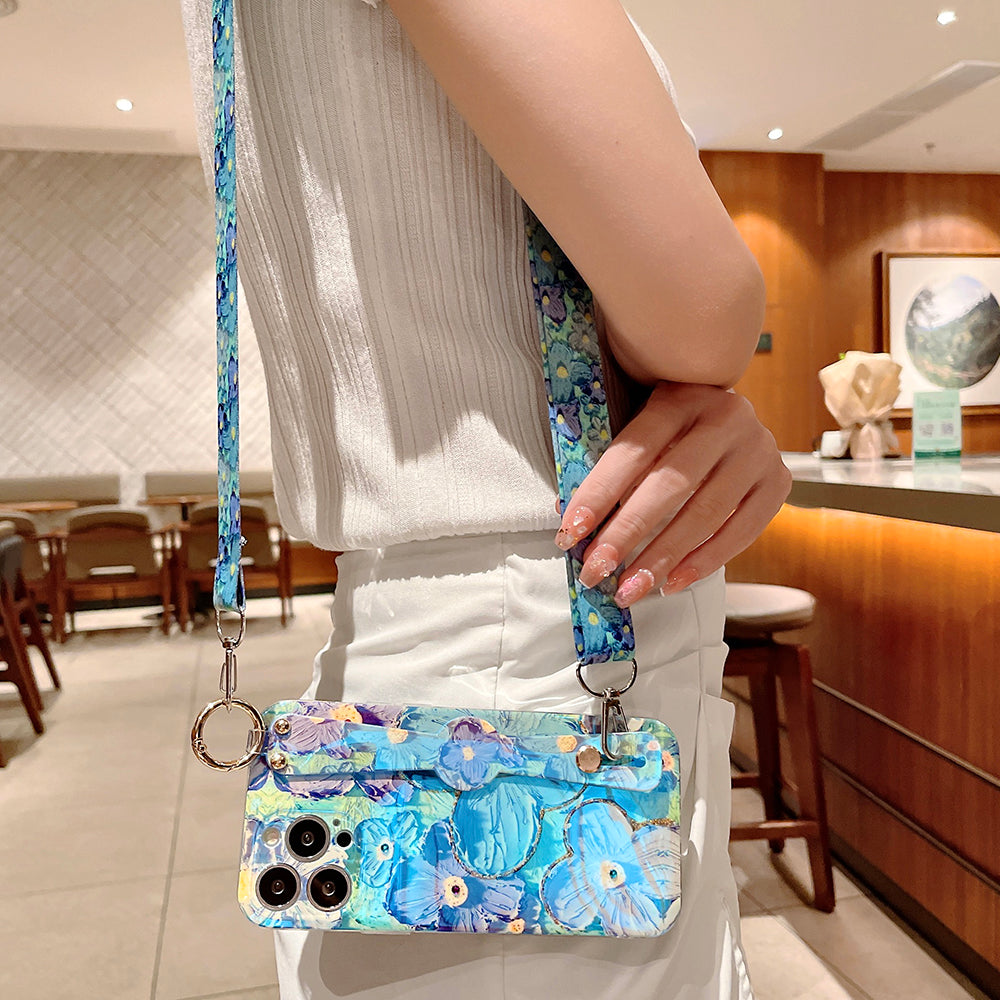 Lila Ölbild Blumen Armbanduhr Halter mit Umhängeband iPhone Hülle