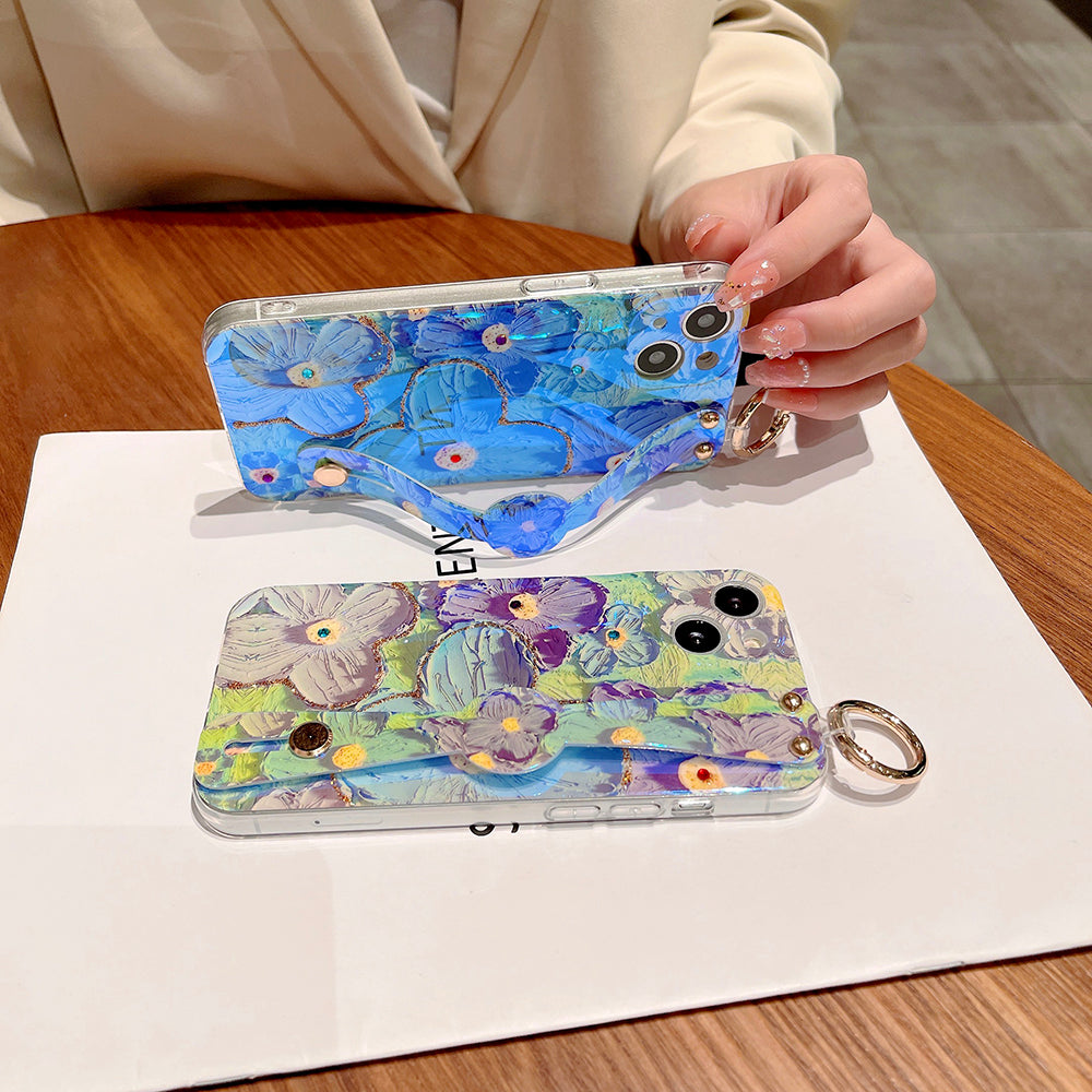 Lila Ölbild Blumen Armbanduhr Halter mit Umhängeband iPhone Hülle