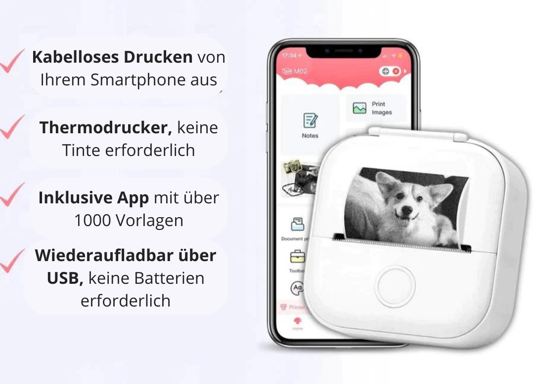 Tragbarer Thermodrucker | MiniPrint™ | Kabellos & Tintenfrei | 50% Rabatt