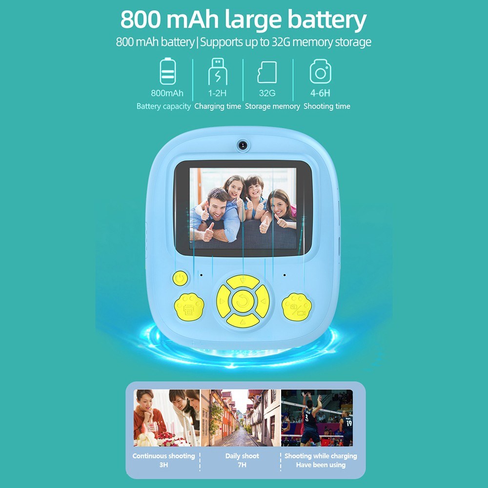Sofort Thermal Printer Kinderkamera mit 1080P/720P Videoaufnahme, 2,4-Zoll Bildschirm, Timeraufnahme, 3 tintenlose Druckrollen, 32GB Speicherkarte und Kartenleser