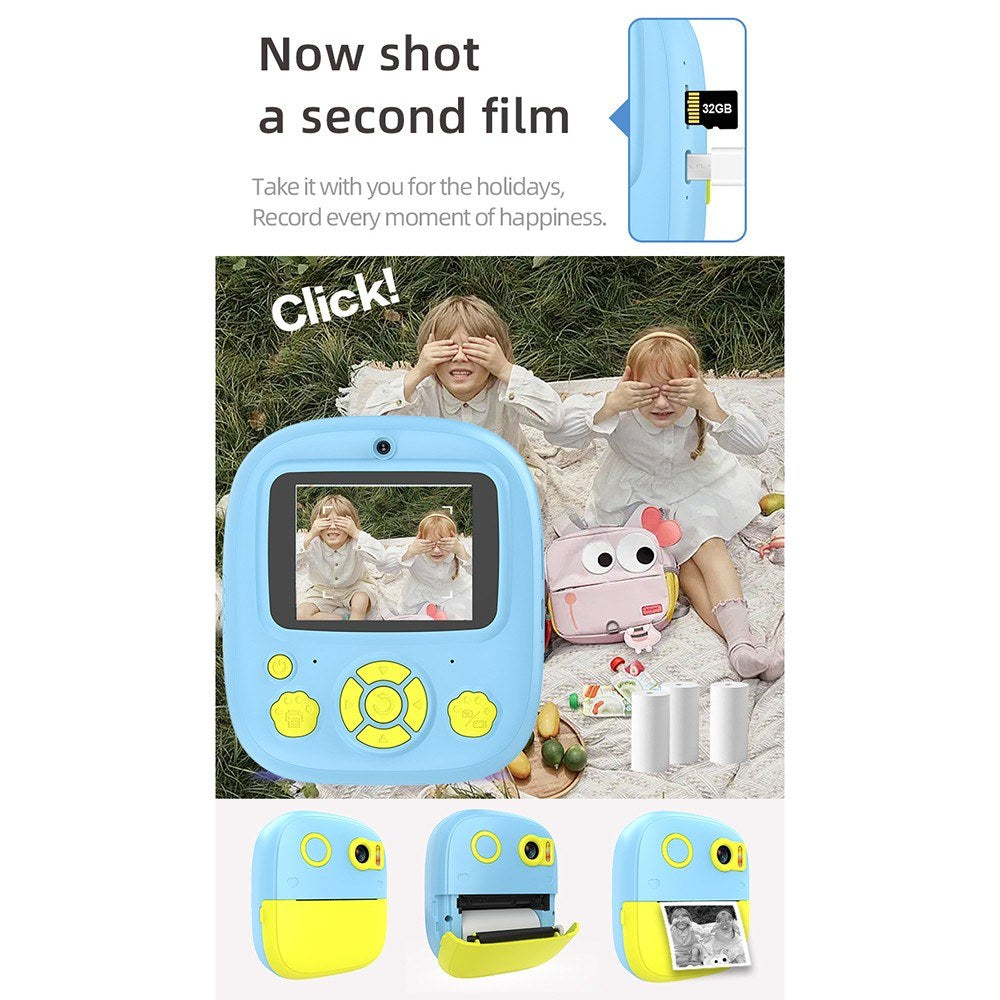 Sofort Thermal Printer Kinderkamera mit 1080P/720P Videoaufnahme, 2,4-Zoll Bildschirm, Timeraufnahme, 3 tintenlose Druckrollen, 32GB Speicherkarte und Kartenleser