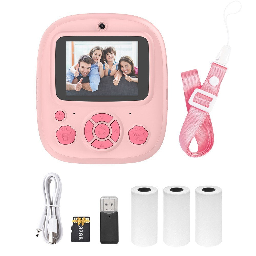 Sofort Thermal Printer Kinderkamera mit 1080P/720P Videoaufnahme, 2,4-Zoll Bildschirm, Timeraufnahme, 3 tintenlose Druckrollen, 32GB Speicherkarte und Kartenleser