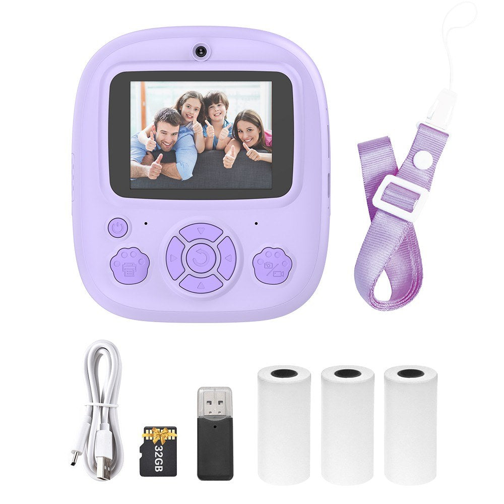 Sofort Thermal Printer Kinderkamera mit 1080P/720P Videoaufnahme, 2,4-Zoll Bildschirm, Timeraufnahme, 3 tintenlose Druckrollen, 32GB Speicherkarte und Kartenleser