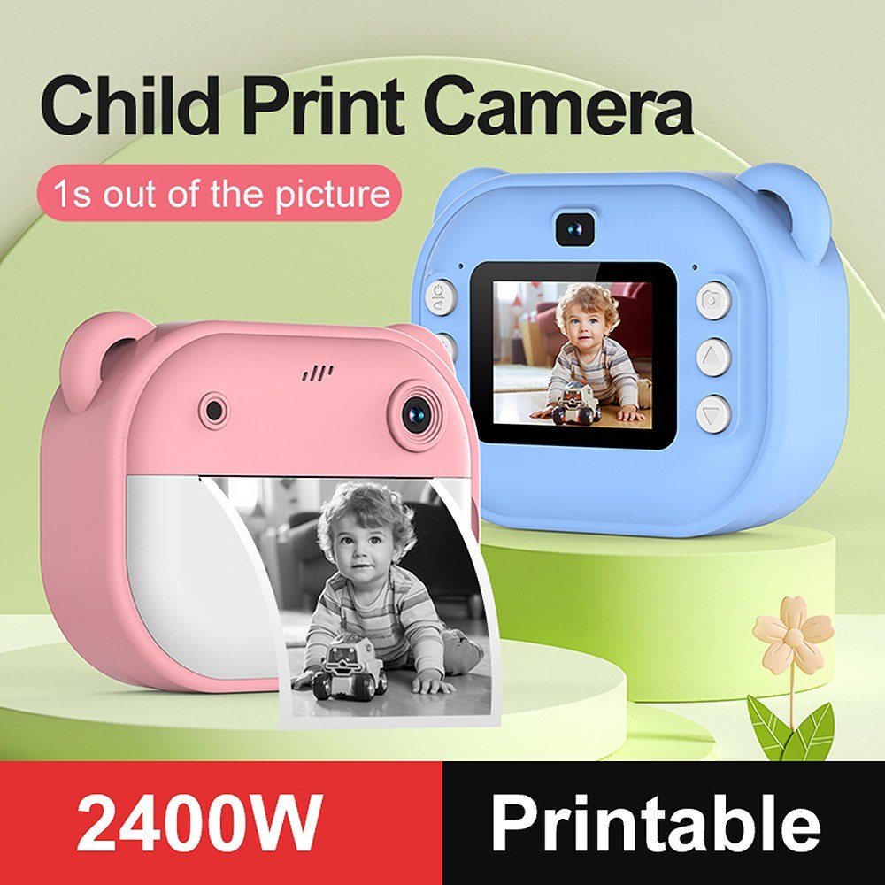 1080P Kinder Digitalkamera mit Thermodruck, 2,4-Zoll IPS-Bildschirm, Selfie & Video, Autofokus, inklusive 2 Druckpapierrollen