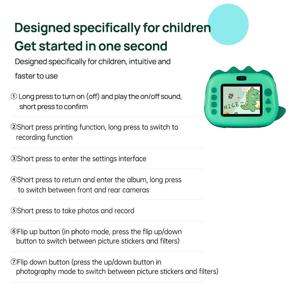Sofort Kinderkamera mit Thermodrucker, 2.4 Dualscreen, Timer, 1080P Video, tintenloser Druck + 3 Papierrollen