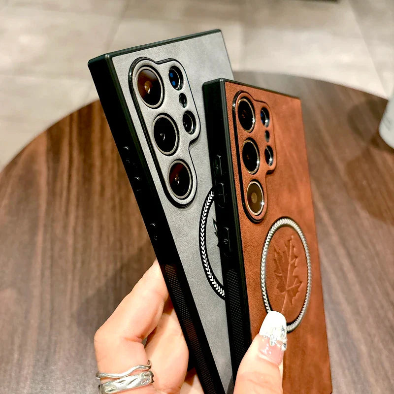 Leder Samsung Galaxy Magnetische Drahtlose Ladehülle