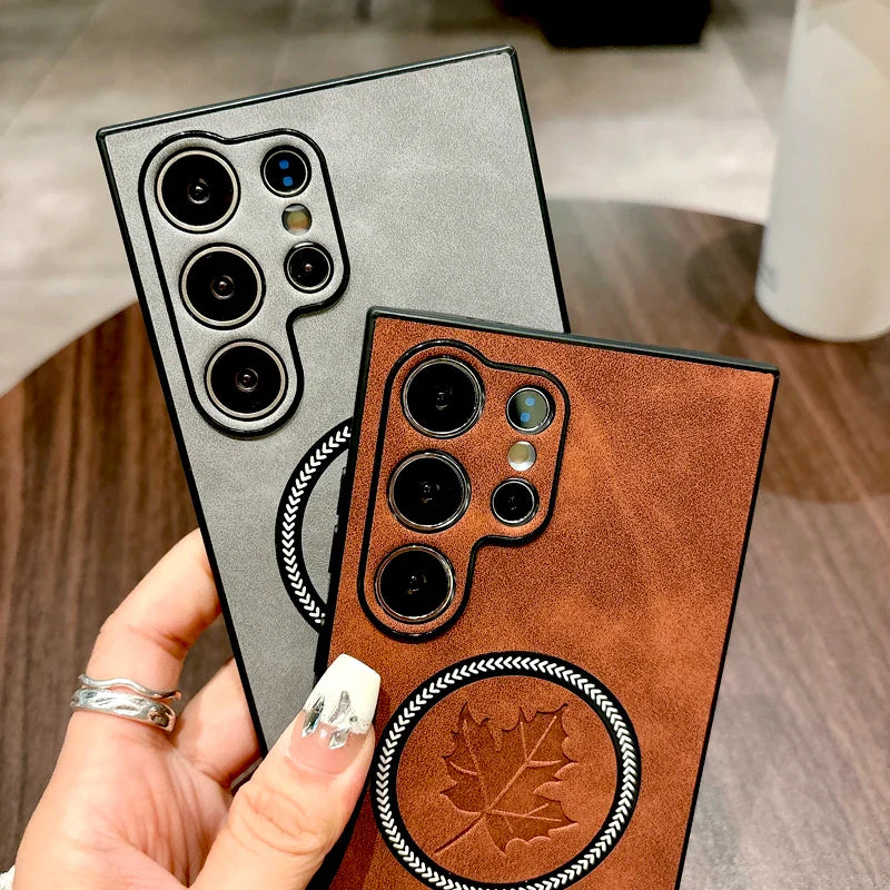 Leder Samsung Galaxy Magnetische Drahtlose Ladehülle