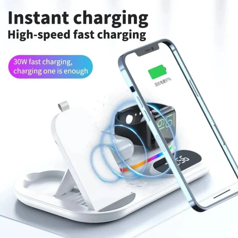 4-in-1 LED Wireless Charging Station für Smartphones, Uhren und Ohrhörer mit Nachtlicht und digitaler Uhr
