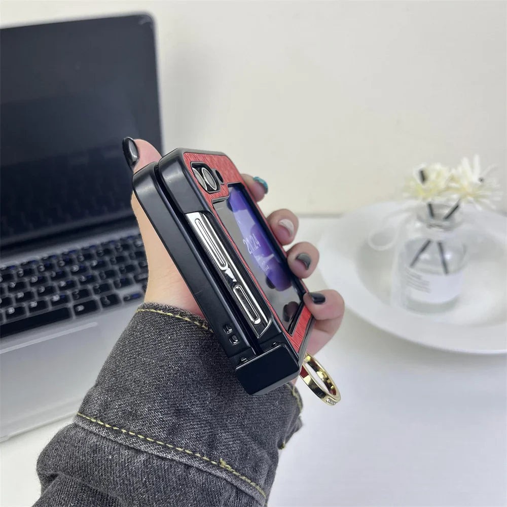 Diamond Grid Leder Samsung Z Flip Ring Halter Case