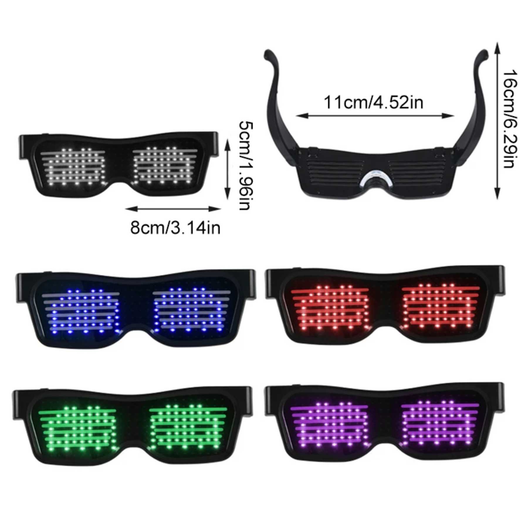 Programmierbare LED-Brille – Verwandeln Sie jede Party in ein Lichtspektakel – App-steuerbar – vollständig anpassbar – ideal für Partys – 32 Animationen, 11 Bilder – lange Akkulaufzeit und wiederaufladbar über USB – komfortabel – langlebig – Schwarz