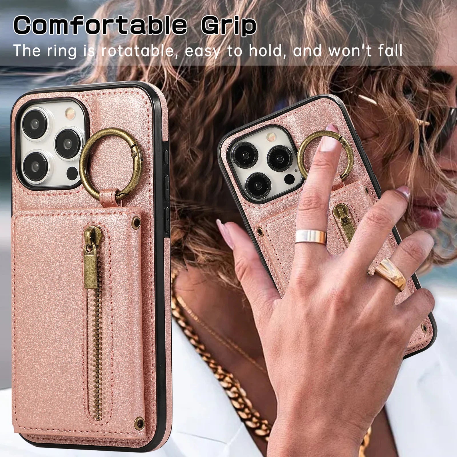 Bestseller, Dreifach Geldbörse Leder Reißverschlusstasche Umhängetasche Kartensteckplatz Ringhalter Tasche für iPhone 15 14 13 12 Pro Max Plus