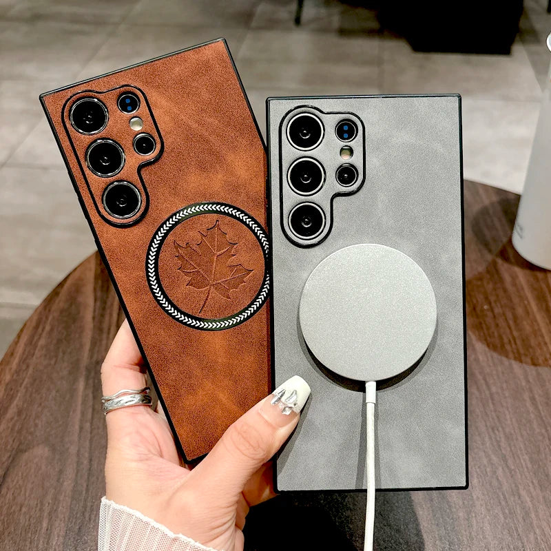 Leder Samsung Galaxy Magnetische Drahtlose Ladehülle
