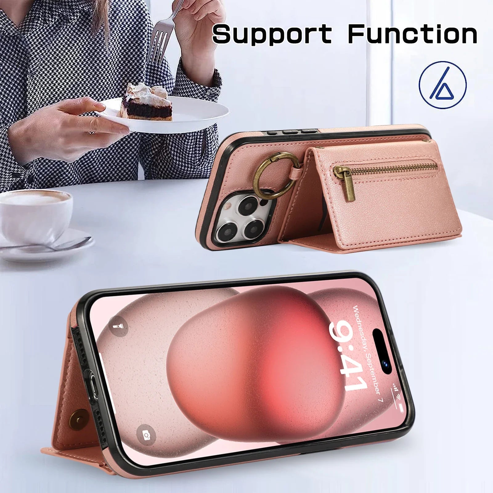 Bestseller, Dreifach Geldbörse Leder Reißverschlusstasche Umhängetasche Kartensteckplatz Ringhalter Tasche für iPhone 15 14 13 12 Pro Max Plus