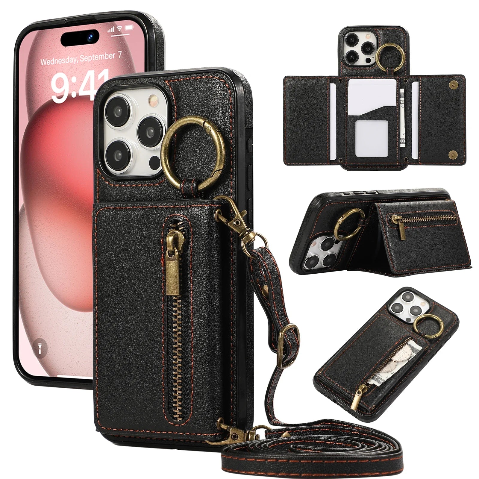 Bestseller, Dreifach Geldbörse Leder Reißverschlusstasche Umhängetasche Kartensteckplatz Ringhalter Tasche für iPhone 15 14 13 12 Pro Max Plus