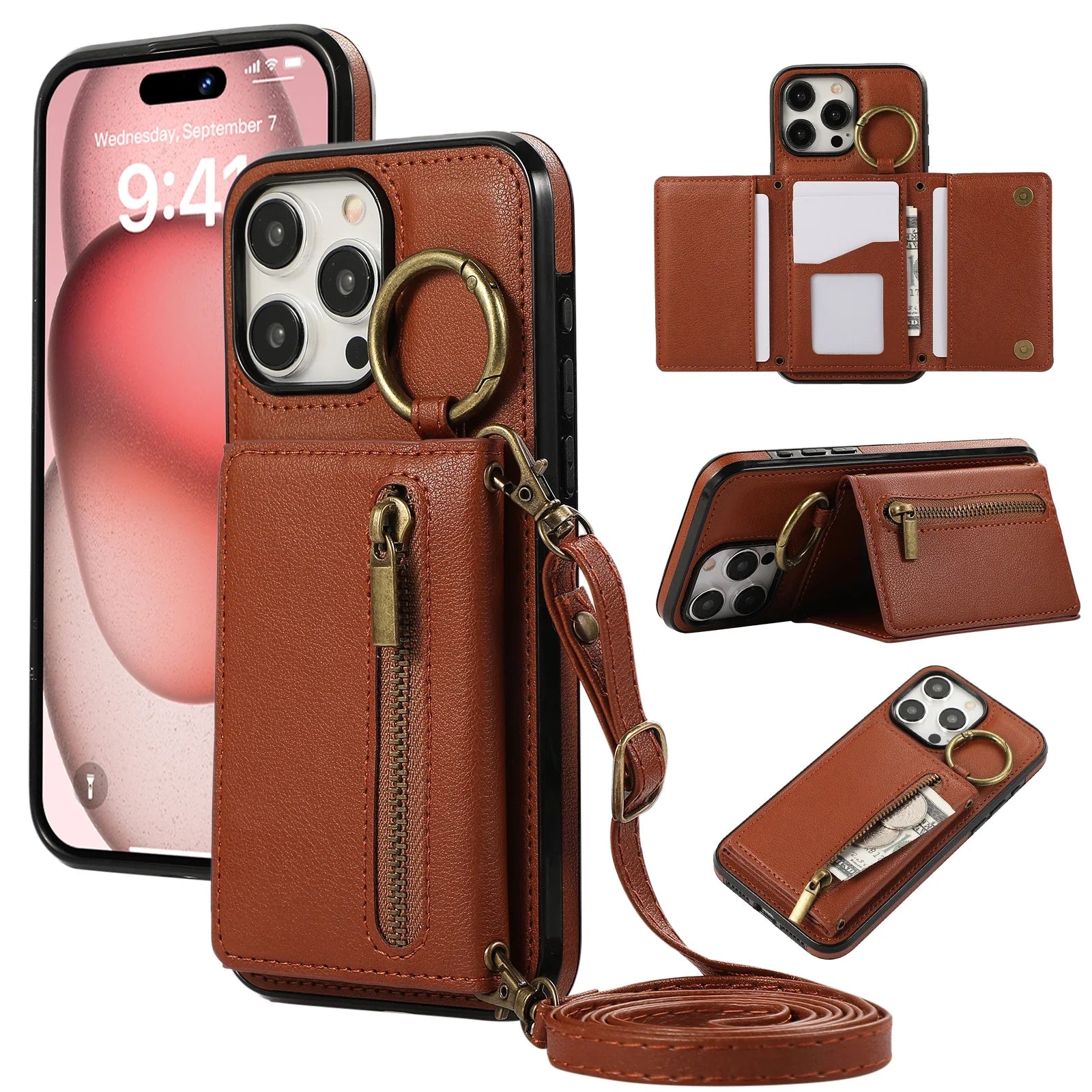 Bestseller, Dreifach Geldbörse Leder Reißverschlusstasche Umhängetasche Kartensteckplatz Ringhalter Tasche für iPhone 15 14 13 12 Pro Max Plus