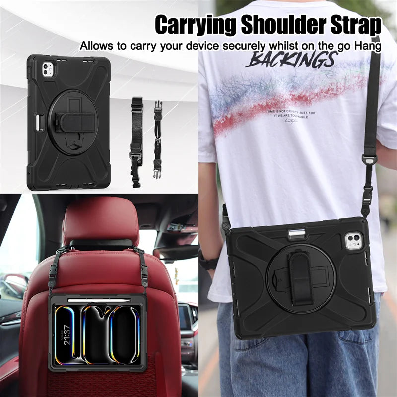 Robuste Kickstand Stoßfeste Hülle mit Schultergurt für 2024 iPad Pro 11", 12,9", iPad Air 13" und iPad Air 11" M2