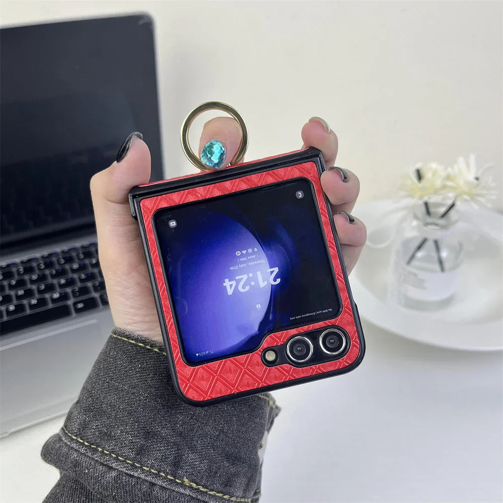 Diamond Grid Leder Samsung Z Flip Ring Halter Case