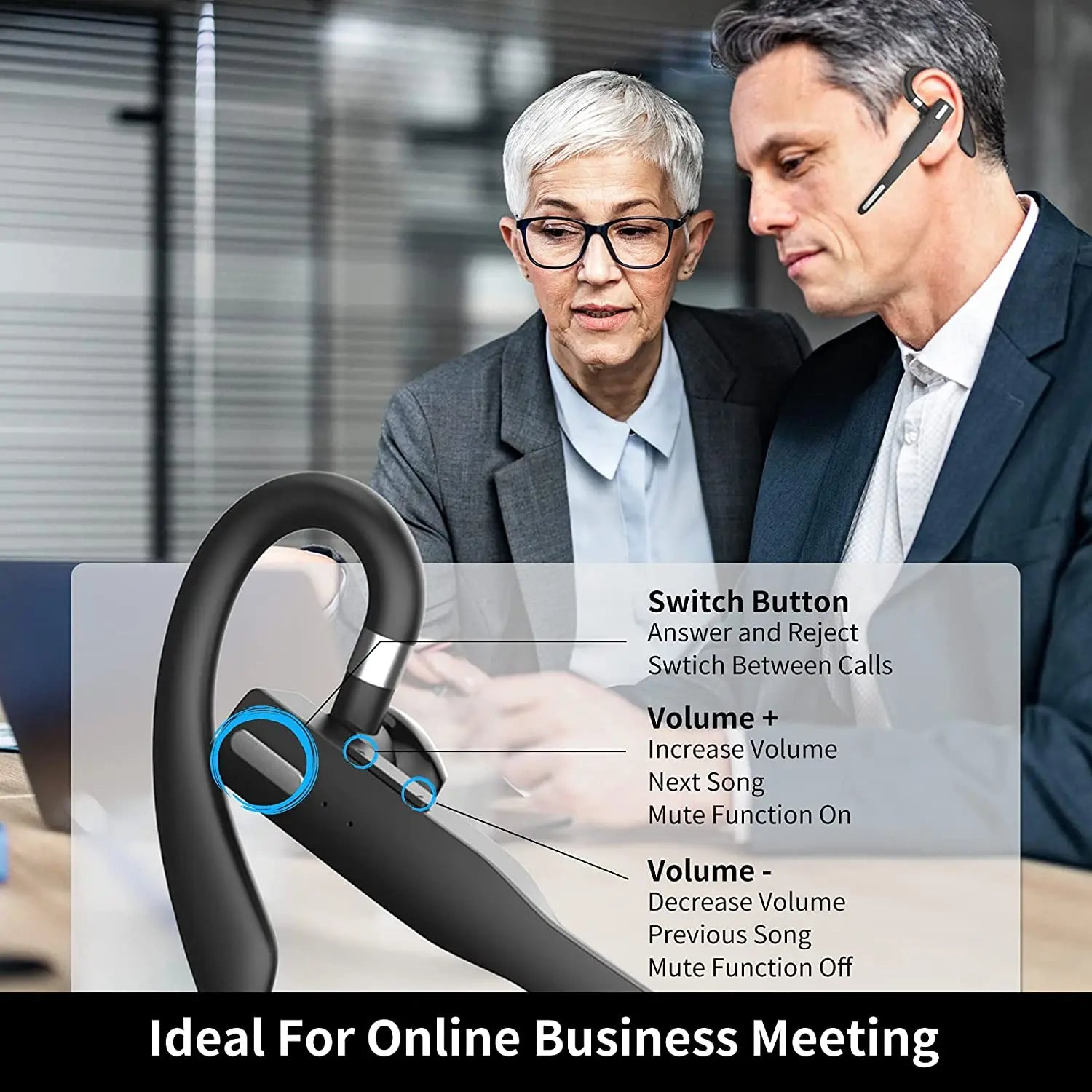 Kabelloses Headset Bluetooth 5.1 Geräuschreduzierung Ohrmontierte Business Kopfhörer