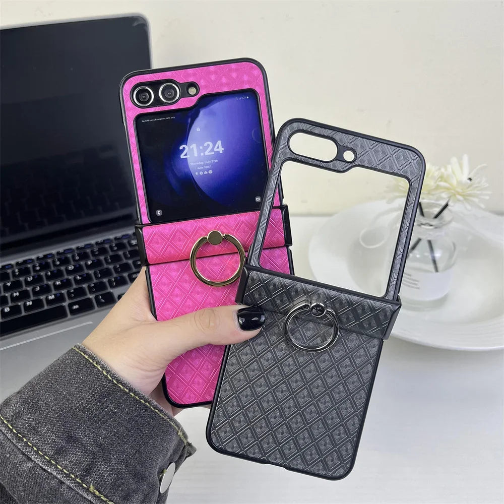 Diamond Grid Leder Samsung Z Flip Ring Halter Case