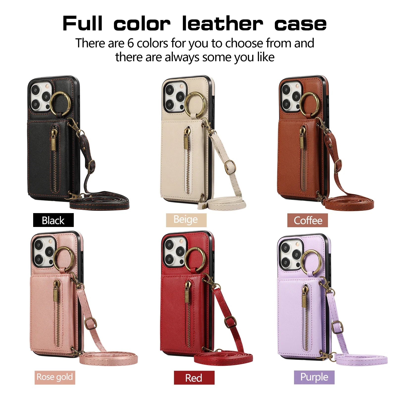 Bestseller, Dreifach Geldbörse Leder Reißverschlusstasche Umhängetasche Kartensteckplatz Ringhalter Tasche für iPhone 15 14 13 12 Pro Max Plus