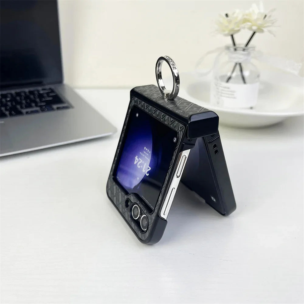 Diamond Grid Leder Samsung Z Flip Ring Halter Case