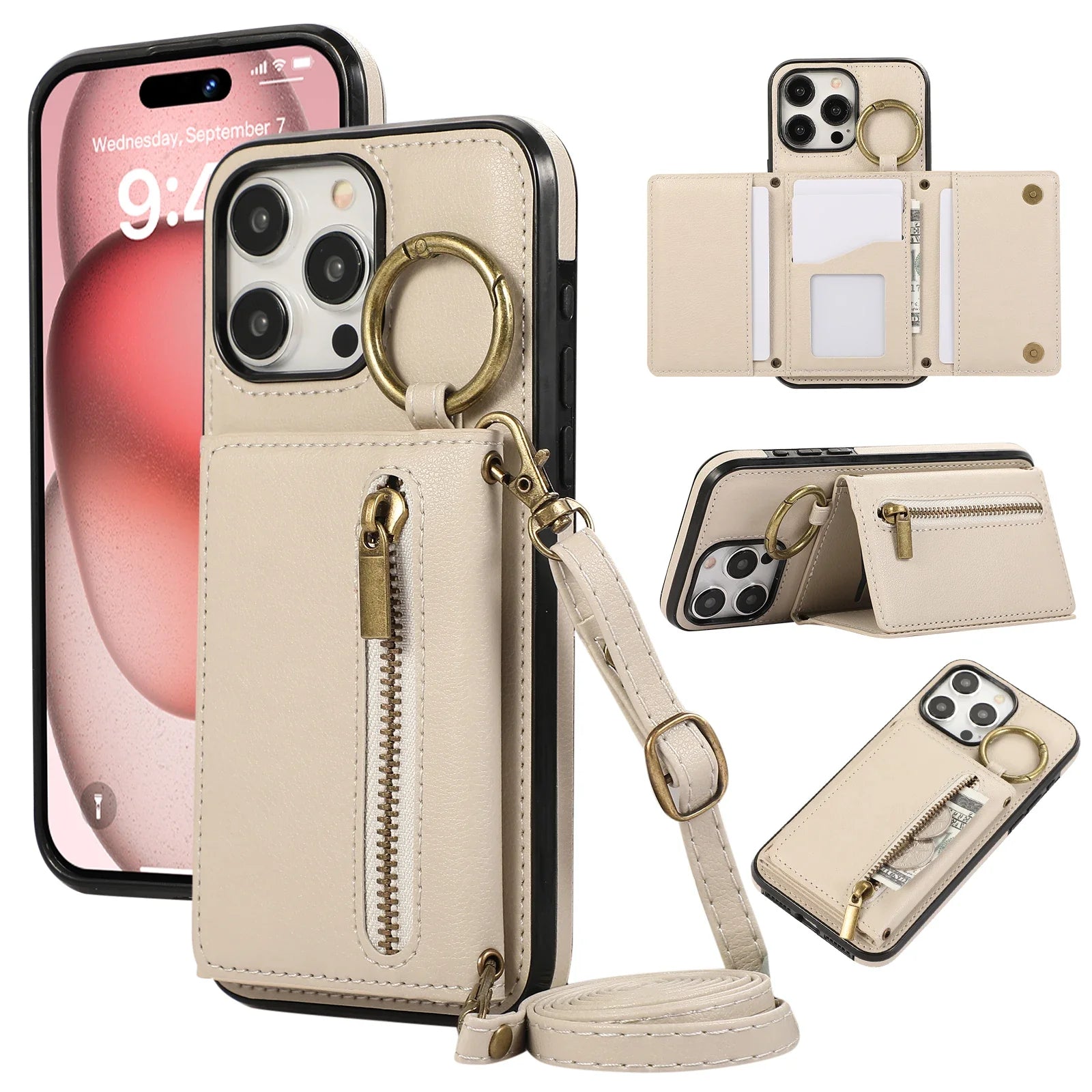 Bestseller, Dreifach Geldbörse Leder Reißverschlusstasche Umhängetasche Kartensteckplatz Ringhalter Tasche für iPhone 15 14 13 12 Pro Max Plus