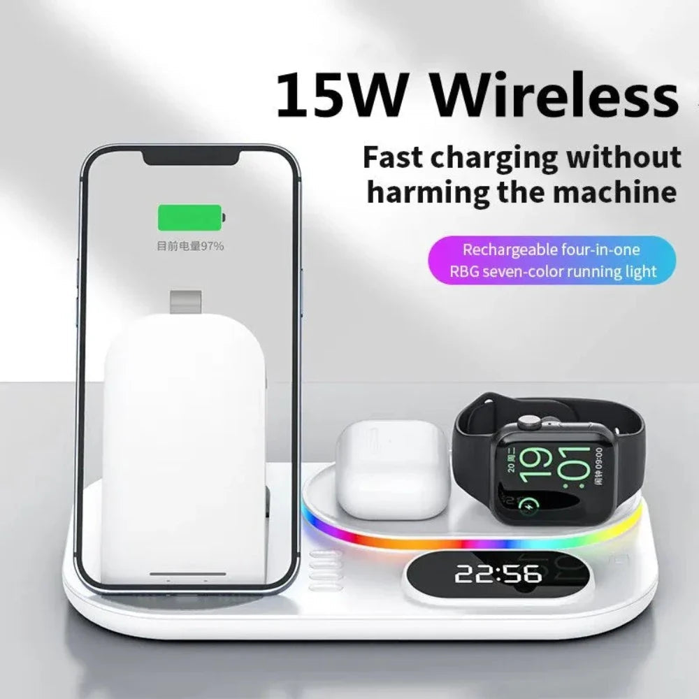 4-in-1 LED Wireless Charging Station für Smartphones, Uhren und Ohrhörer mit Nachtlicht und digitaler Uhr