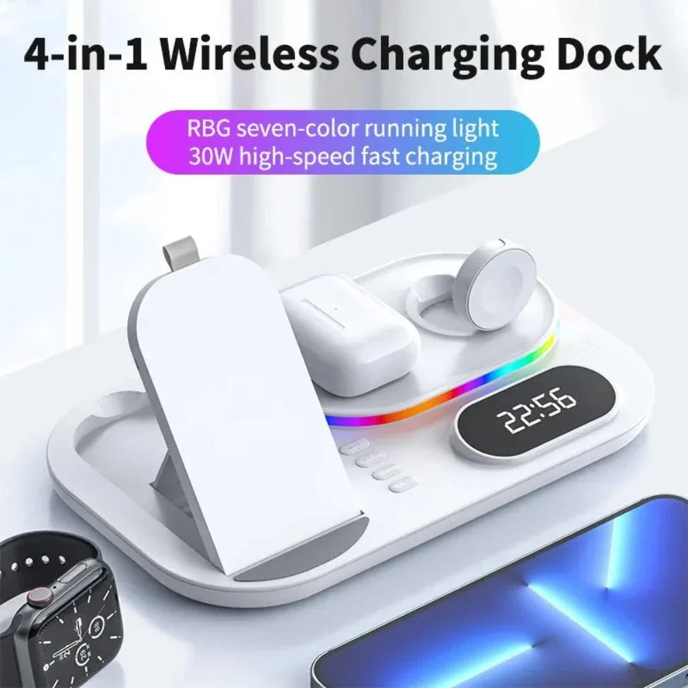 4-in-1 LED Wireless Charging Station für Smartphones, Uhren und Ohrhörer mit Nachtlicht und digitaler Uhr