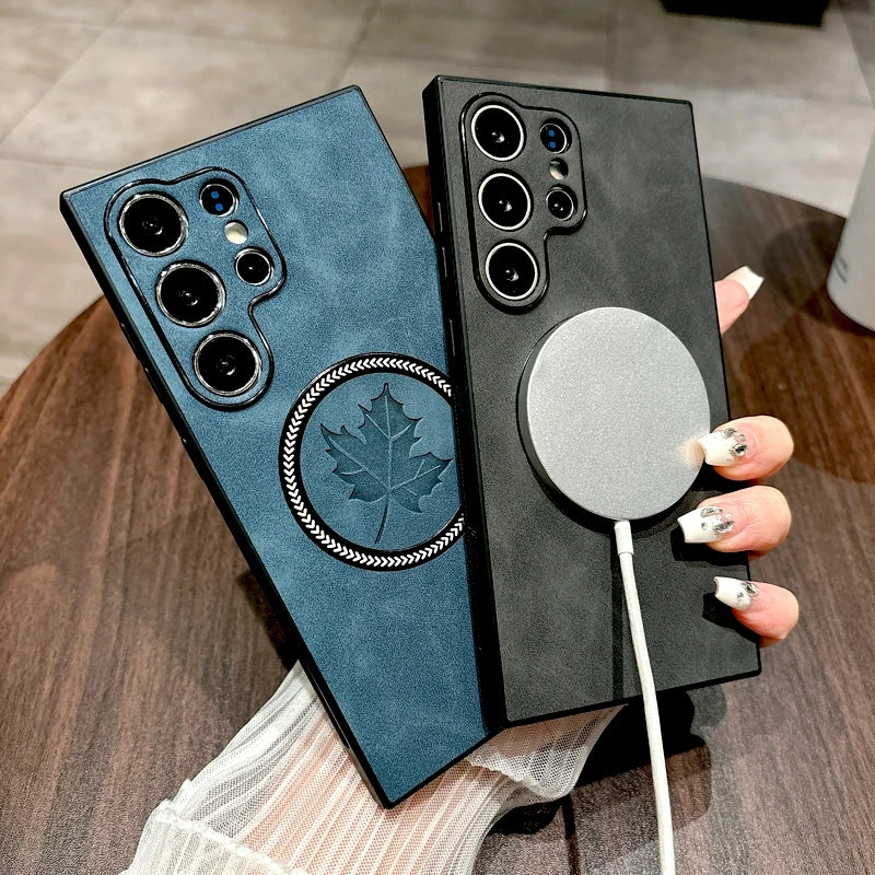 Leder Samsung Galaxy Magnetische Drahtlose Ladehülle