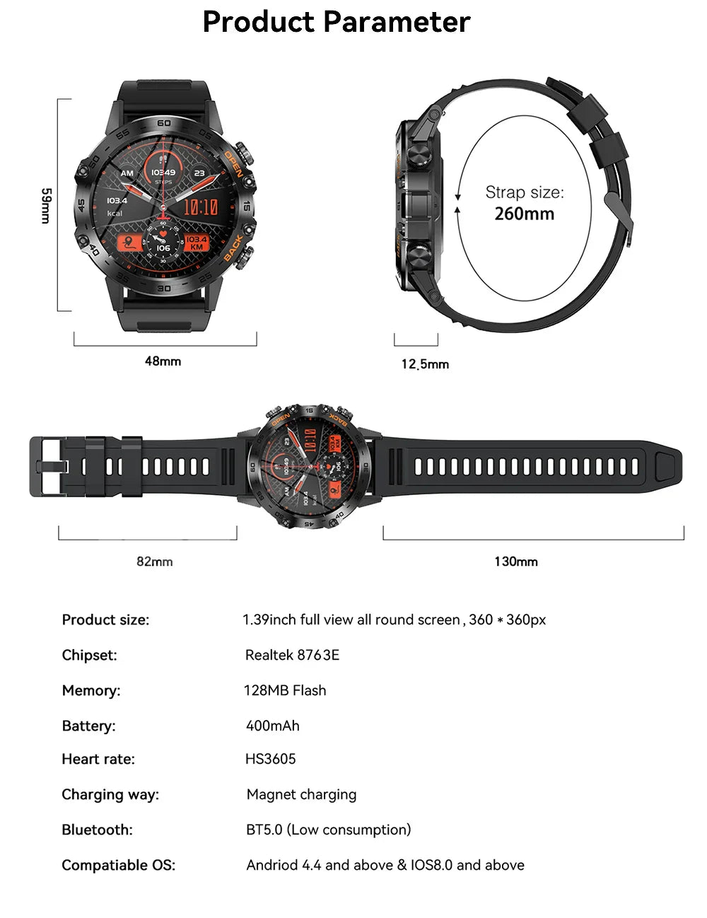 Smartwatch | 1,4" Touchscreen | Bluetooth 5.0 | SpO2 & Herzfrequenzmessung